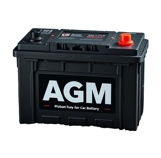 Schwarze AGM-Autobatterie mit roten und schwarzen Anschlüssen.